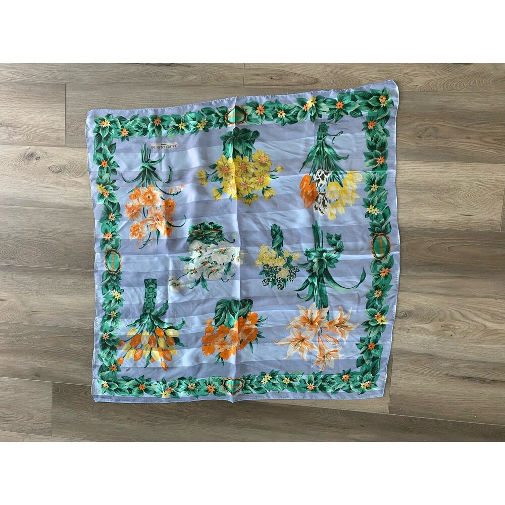 Claudio Valentino 100% Silk Square Floral Multicolor Scarf 34.5” X 35.5” flaw
